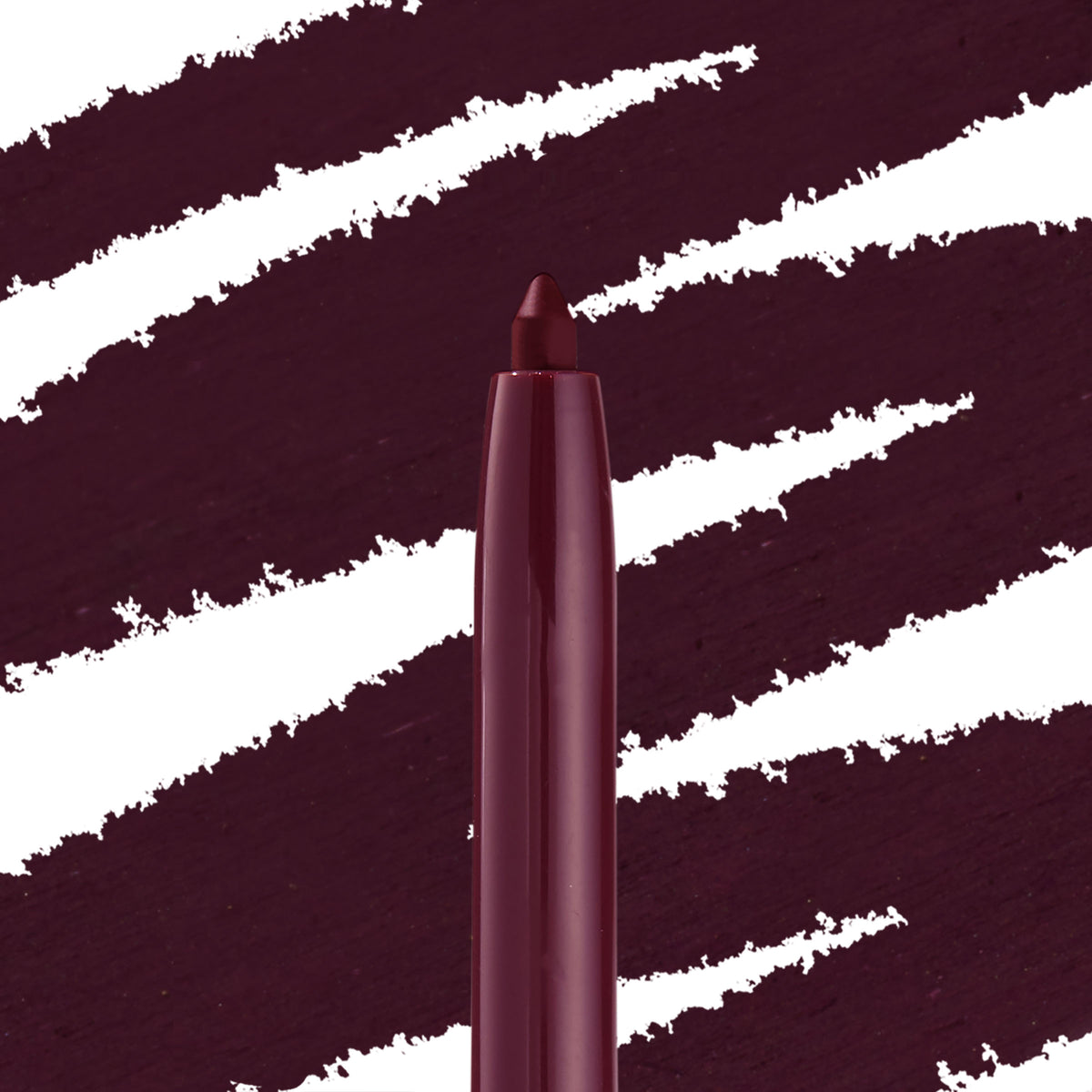 ColourPop Crème Gel Liner in Charmer shows a retractable, creamy tip in deep burgundy with a glossy plum barrel, gliding against bold wine swatches to showcase rich, long-wear eyeliner color and precise application.