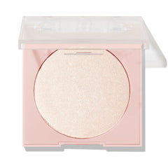 Cold One ColourPop Pressed Powder Highlighter in a soft pink square compact with a clear lid half open, displaying a large single pan of icy champagne shimmer on a clean white studio background.