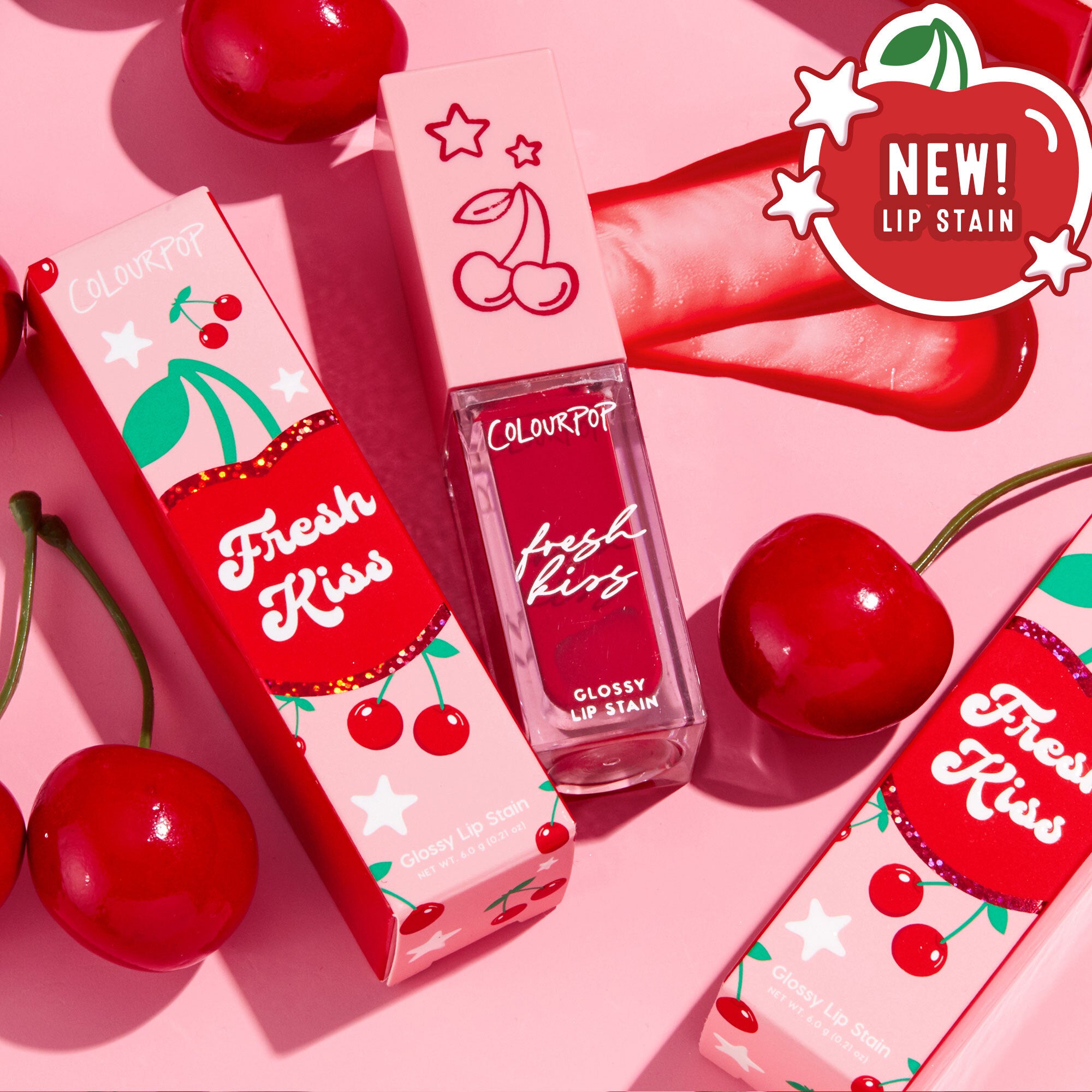 ColourPop Fresh Kiss Glossy Lip Stain in Double Cherry, a true cherry hybrid lip stain.