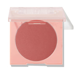 ColourPop Pressed Powder Blush in Just Cruisin' opens to reveal a large matte rose pan in a peach square compact with a clear lid half-closed, shown in a clean studio shot on white.