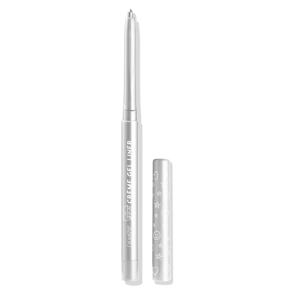 Metallic silver Kicker ColourPop Crème Gel Liner, a slim twist-up eyeliner, shown uncapped with the fine gel tip extended and a doodle-printed cap beside it on a white background.
