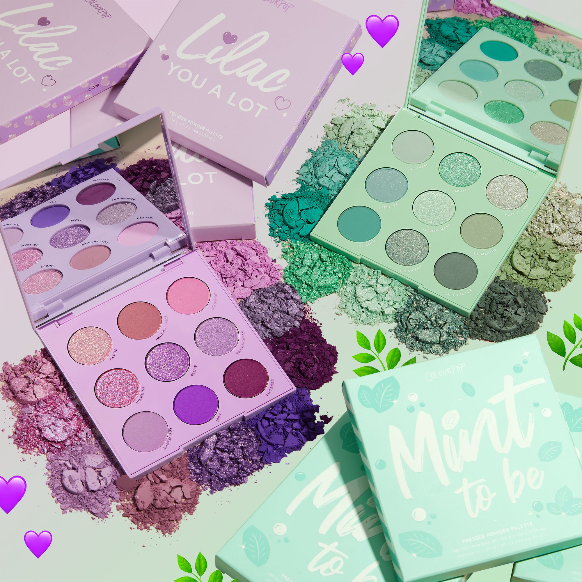 Lilac Mojito Eyeshadow Bundle includes Lilac you a lot which has purple shades and Mint to be palette which has army green shades 