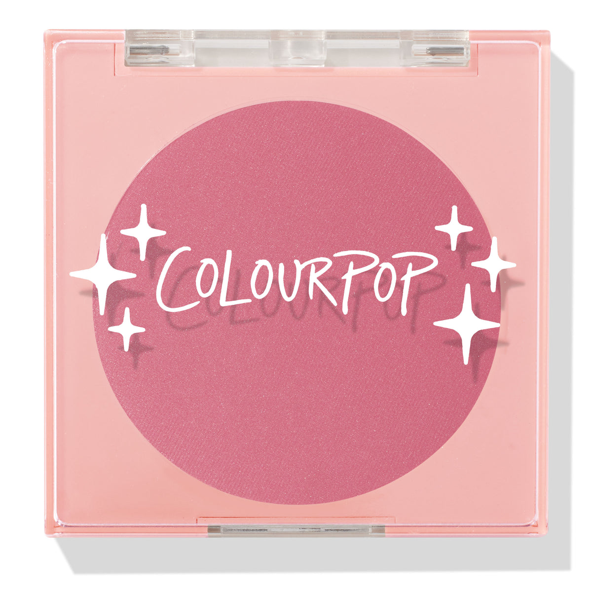 New to U ColourPop Pressed Powder Blush compact, closed - rosy mauve pink pan in a square light pink case with a clear lid printed with white sparkles and the ColourPop logo, studio product shot on white with a soft shadow.