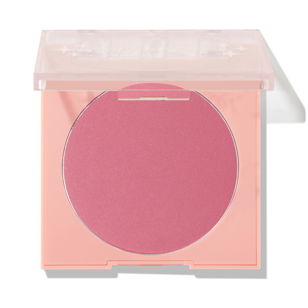 New to U ColourPop Pressed Powder Blush compact displaying a rosy pink pan, lid half-open on a peach square case with a clear top, photographed against a white studio background with a soft shadow.