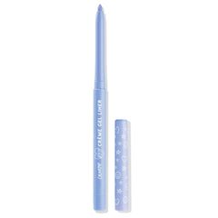Prance ColourPop Crème Gel Liner extends its twist-up periwinkle tip with the cap off beside it on a white background, featuring a pastel blue barrel with white lettering and doodle icons on the cap, retractable eyeliner pencil.