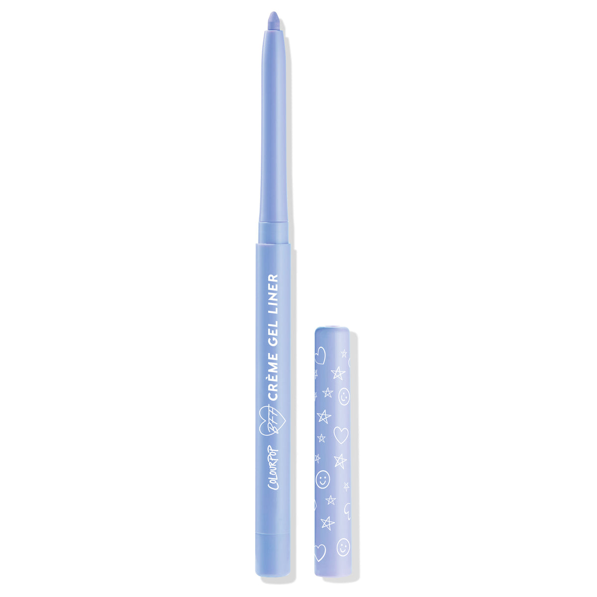 Prance ColourPop Crème Gel Liner extends its twist-up periwinkle tip with the cap off beside it on a white background, featuring a pastel blue barrel with white lettering and doodle icons on the cap, retractable eyeliner pencil.