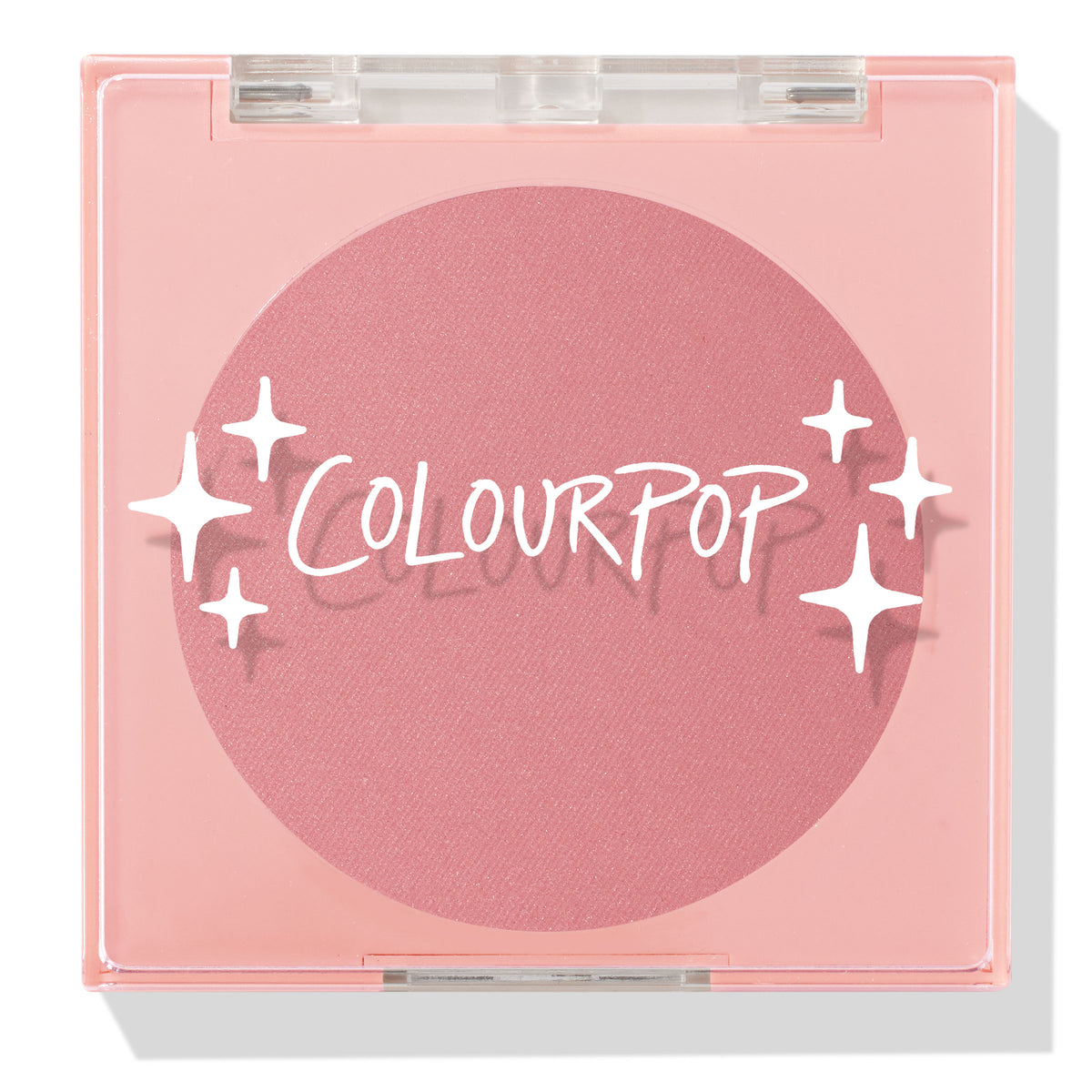 Sassy Pants ColourPop Pressed Powder Blush compact showcasing a rosy matte pan, closed with a clear lid and white star accents over the logo, set in a square light-pink plastic case on a clean white background.
