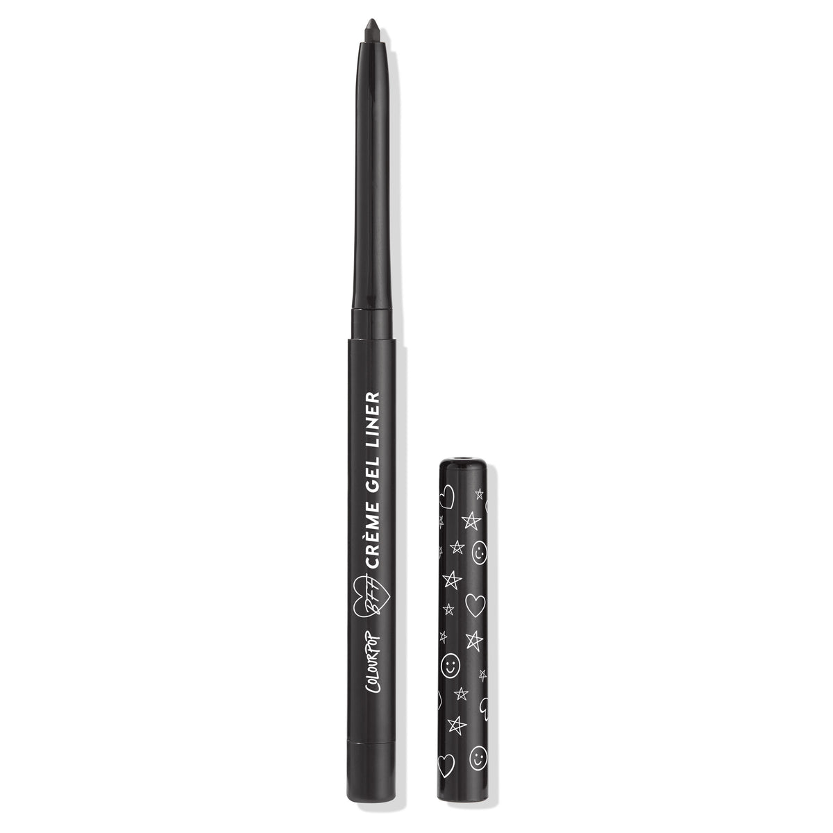 ColourPop Crème Gel Liner in Swerve (black) shown with twist-up tip exposed and cap set beside it; slim matte black pencil with white branding and a cap patterned with hearts, stars, and moons, on a clean white background.