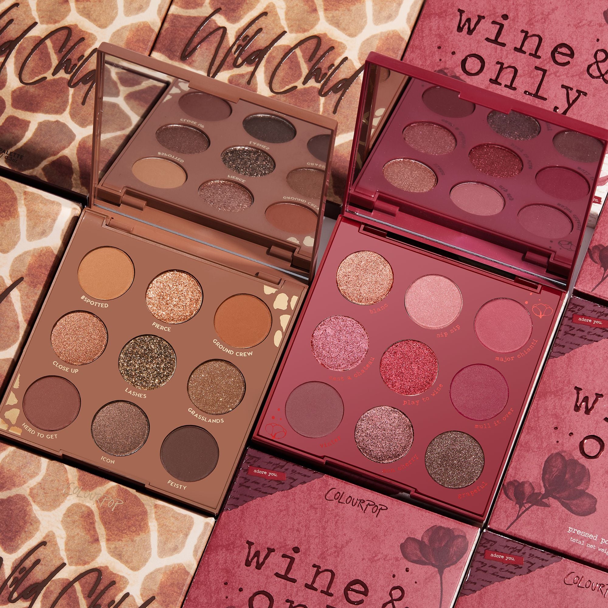 ColourPop Wild for Wine set featuring a 9-pan palettes Wild Child, a saturated chocolate palette, and Wine & Only, a cheers worthy burgundy palette